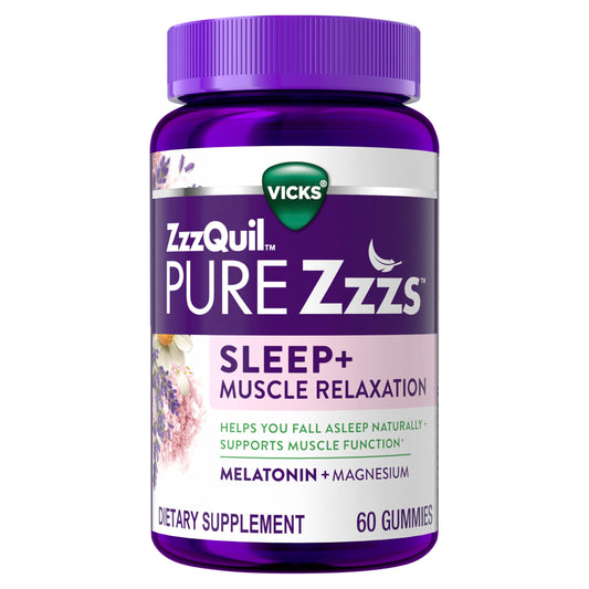 ZzzQuil PURE Zzzs gummies in a bottle support healthy muscle function at night.