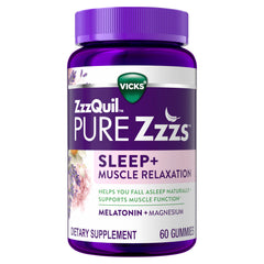 ZzzQuil PURE Zzzs gummies in a bottle support healthy muscle function at night.