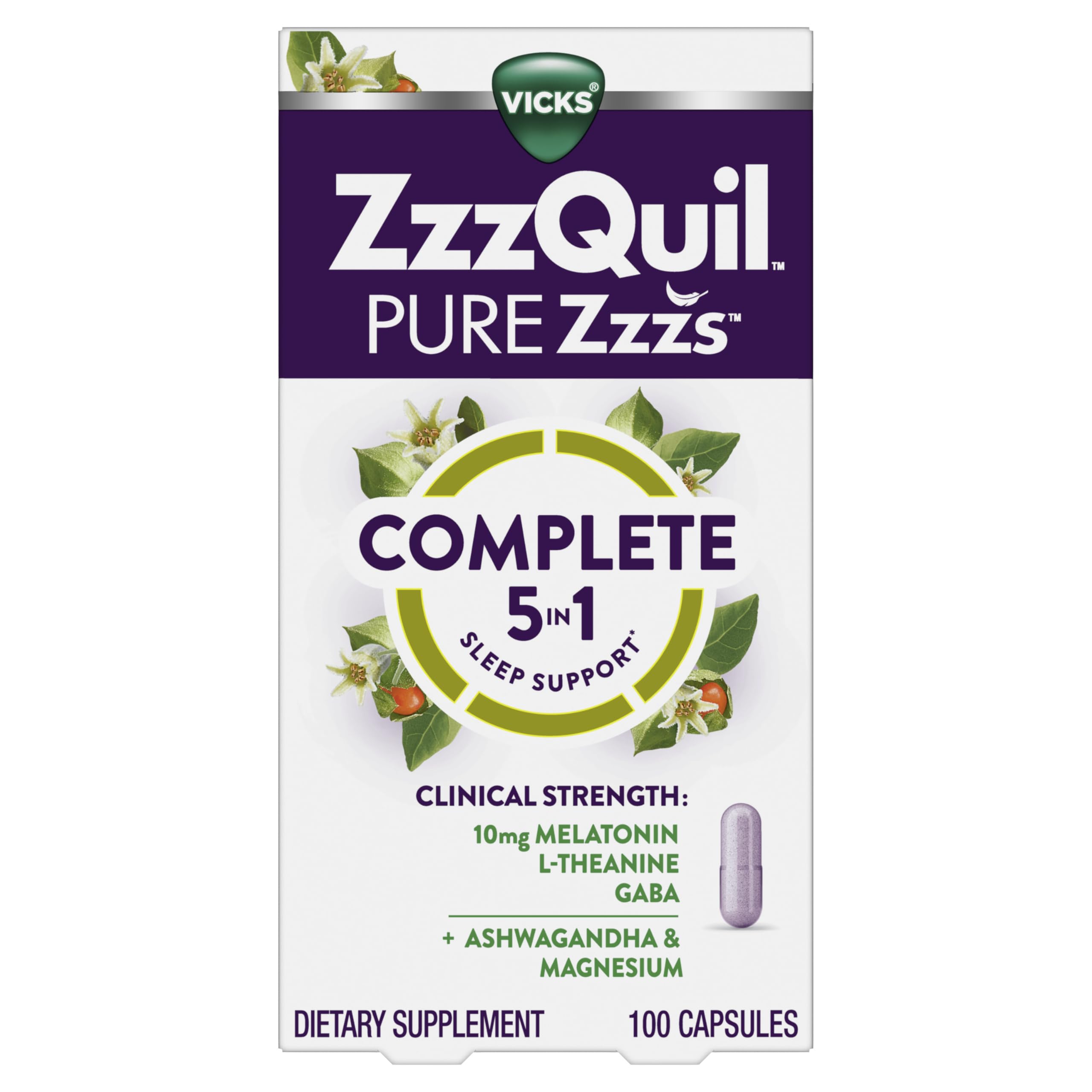 ZzzQuil PURE Zzzs 100-count bottle on shelf for nightly use.